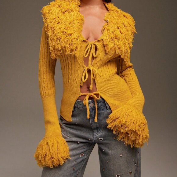 Sweaters - Yellow Casual Women's Fringe Detail Open Front Sweater Cardigan